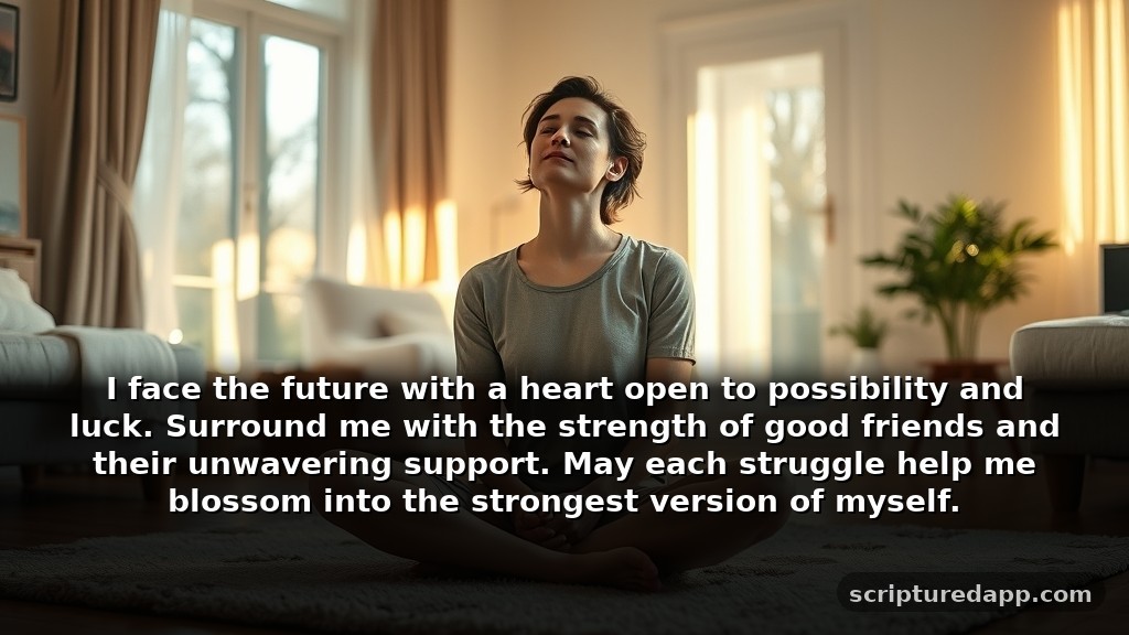 Short Prayer for Good Luck in Difficult Times: I face the future with a heart open to possibility and luck. Surround me with the strength of good friends and their unwavering support. May each struggle help me blossom into the strongest version of myself.