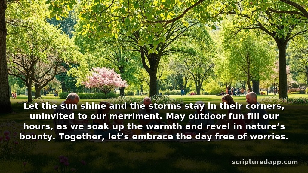 Clever Prayer for Good Weather: Keep the Storms at Bay: Let the sun shine and the storms stay in their corners, uninvited to our merriment. May outdoor fun fill our hours, as we soak up the warmth and revel in nature’s bounty. Together, let’s embrace the day free of worries.