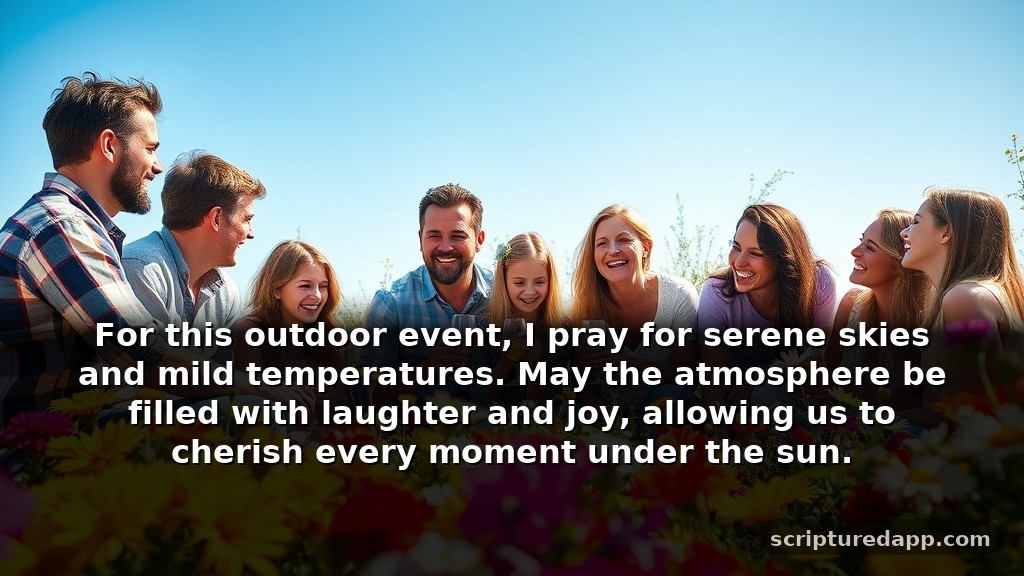 Prayer for Good Weather: A Simple Blessing for Your Outdoor Events: For this outdoor event, I pray for serene skies and mild temperatures. May the atmosphere be filled with laughter and joy, allowing us to cherish every moment under the sun.