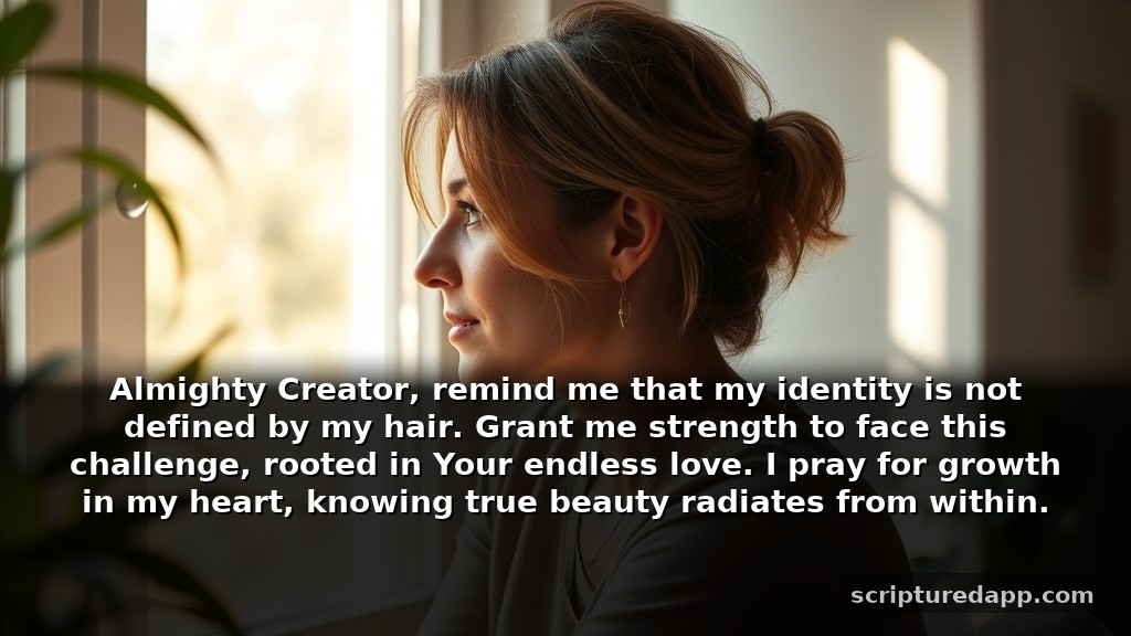 Prayer for Hair Loss When You Need Healing: Almighty Creator, remind me that my identity is not defined by my hair. Grant me strength to face this challenge, rooted in Your endless love. I pray for growth in my heart, knowing true beauty radiates from within.