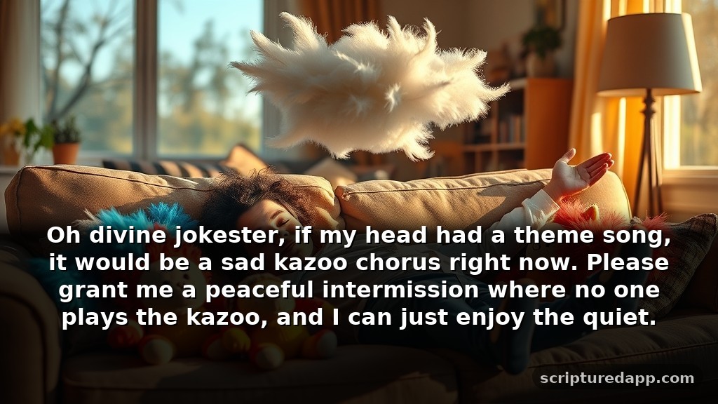 Funny Prayer for Headache to Go Away: Oh divine jokester, if my head had a theme song, it would be a sad kazoo chorus right now. Please grant me a peaceful intermission where no one plays the kazoo, and I can just enjoy the quiet.