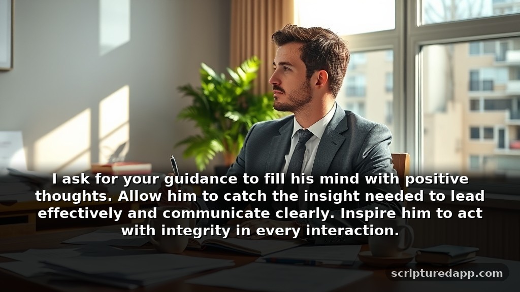 Heartfelt Prayer for Husband at Work for Guidance: I ask for your guidance to fill his mind with positive thoughts. Allow him to catch the insight needed to lead effectively and communicate clearly. Inspire him to act with integrity in every interaction.