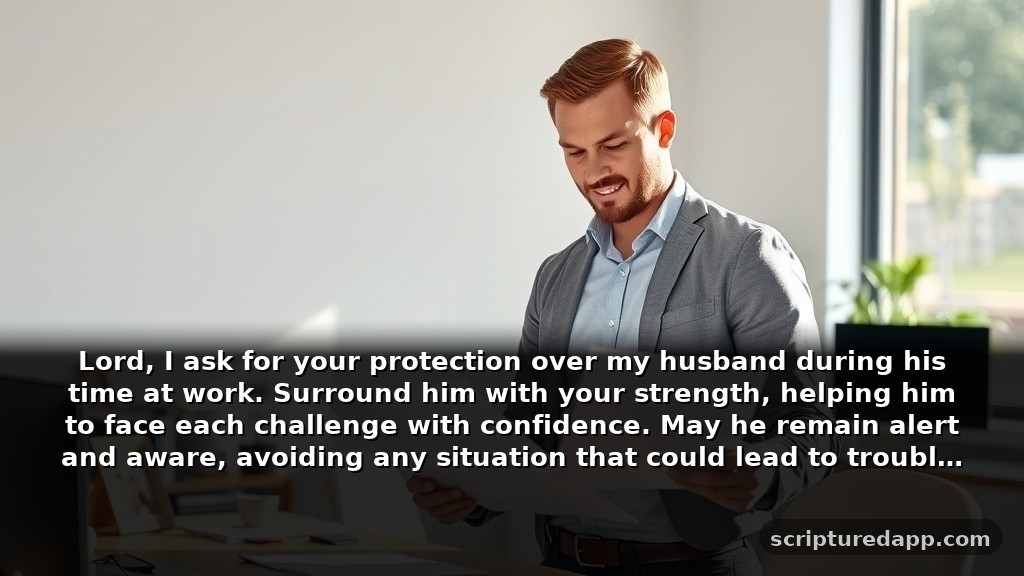 Powerful Prayer for Husband at Work Protection: Lord, I ask for your protection over my husband during his time at work. Surround him with your strength, helping him to face each challenge with confidence. May he remain alert and aware, avoiding any situation that could lead to trouble or harm.