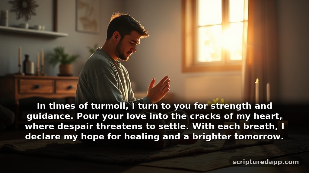 Heartfelt Prayer for Impossible Situations When You Need Healing: In times of turmoil, I turn to you for strength and guidance. Pour your love into the cracks of my heart, where despair threatens to settle. With each breath, I declare my hope for healing and a brighter tomorrow.