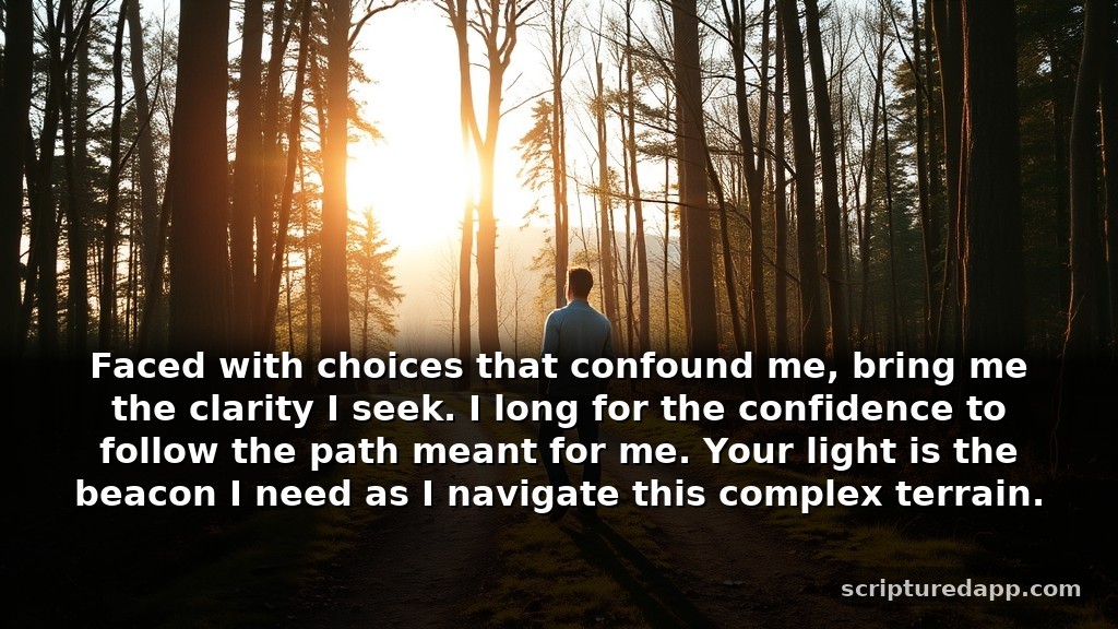 Prayer for Impossible Situations When You Need Guidance in Life Decisions: Faced with choices that confound me, bring me the clarity I seek. I long for the confidence to follow the path meant for me. Your light is the beacon I need as I navigate this complex terrain.