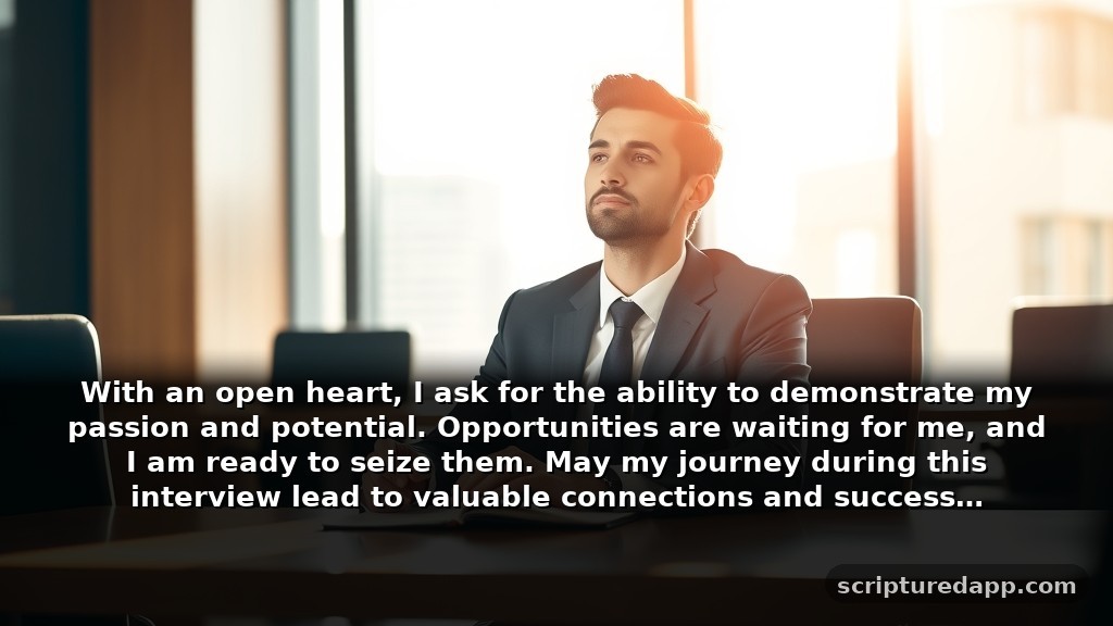 Heartfelt Prayer for Job Interview Success: With an open heart, I ask for the ability to demonstrate my passion and potential. Opportunities are waiting for me, and I am ready to seize them. May my journey during this interview lead to valuable connections and success.