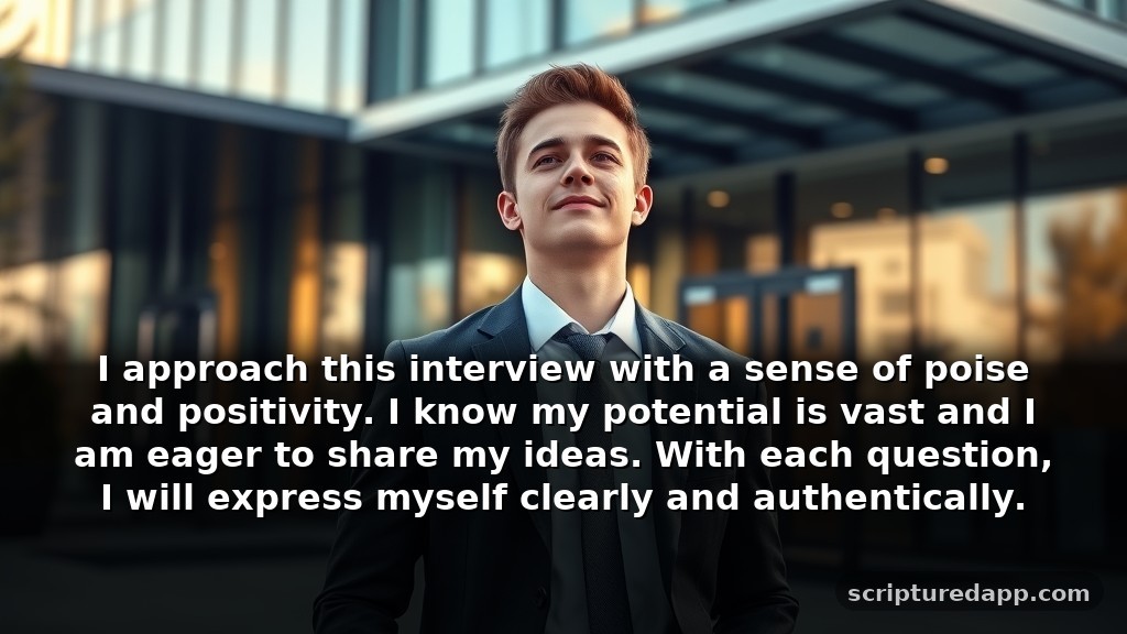 Prayer for Job Interview Confidence Boost: I approach this interview with a sense of poise and positivity. I know my potential is vast and I am eager to share my ideas. With each question, I will express myself clearly and authentically.