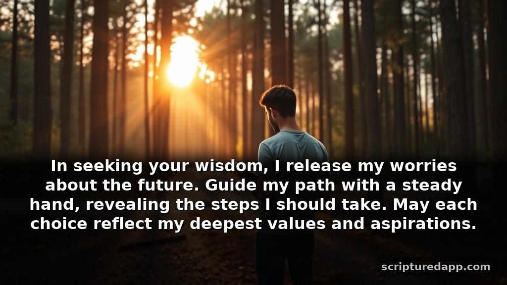 Brief Prayers for Judgement Seeking Guidance: In seeking your wisdom, I release my worries about the future. Guide my path with a steady hand, revealing the steps I should take. May each choice reflect my deepest values and aspirations.