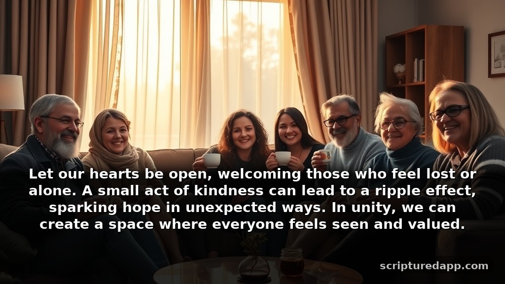 Heartfelt Prayer for Kindness in Difficult Times: Let our hearts be open, welcoming those who feel lost or alone. A small act of kindness can lead to a ripple effect, sparking hope in unexpected ways. In unity, we can create a space where everyone feels seen and valued.