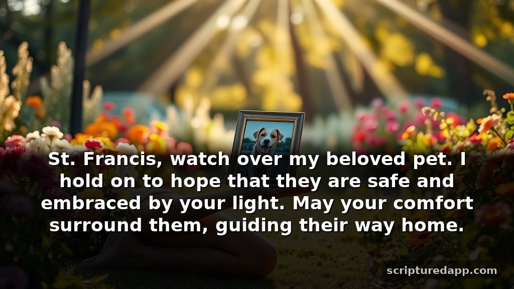 St. Francis Prayer for Lost Animals: A Special Blessing: St. Francis, watch over my beloved pet. I hold on to hope that they are safe and embraced by your light. May your comfort surround them, guiding their way home.