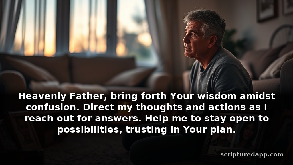 Guidance-Focused Prayer for Missing Child at Difficult Times: Heavenly Father, bring forth Your wisdom amidst confusion. Direct my thoughts and actions as I reach out for answers. Help me to stay open to possibilities, trusting in Your plan.