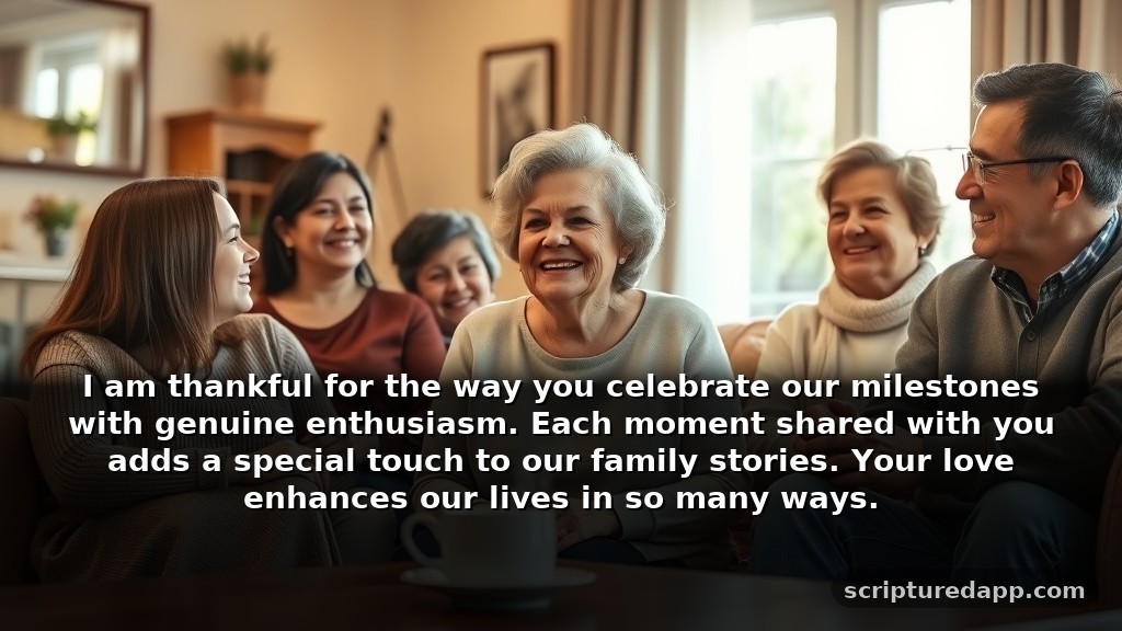 Gratitude Prayer for Mother in Law - Acknowledging Her Impact: I am thankful for the way you celebrate our milestones with genuine enthusiasm. Each moment shared with you adds a special touch to our family stories. Your love enhances our lives in so many ways.