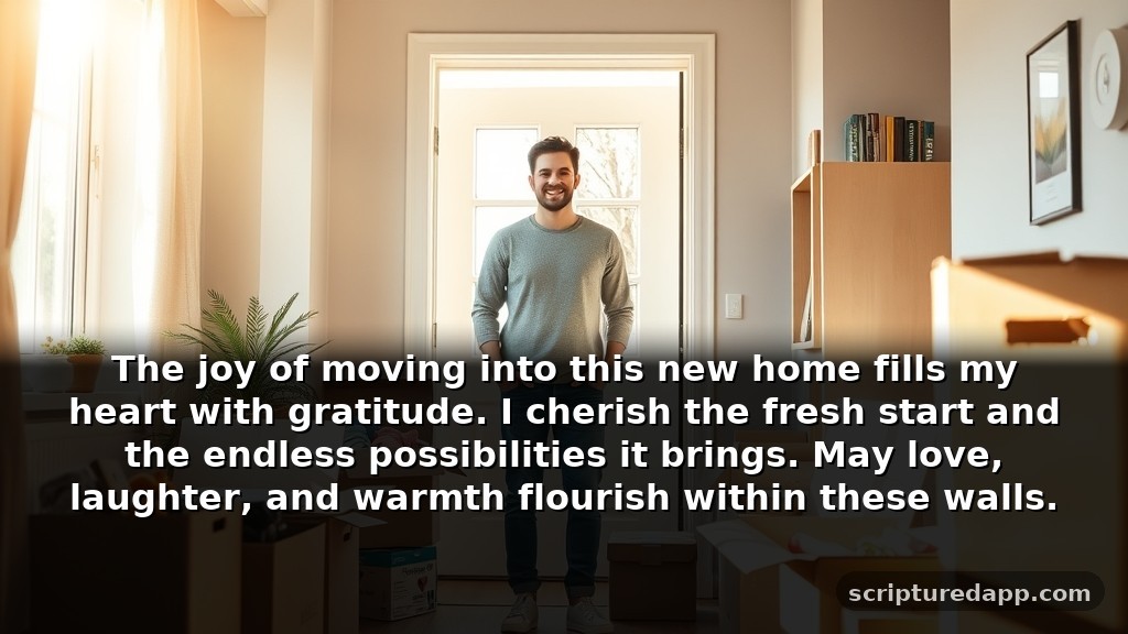 Gratitude Prayer for Moving Into a New Apartment: The joy of moving into this new home fills my heart with gratitude. I cherish the fresh start and the endless possibilities it brings. May love, laughter, and warmth flourish within these walls.