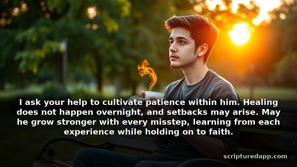 Prayer for My Brother Healing from Addiction: I ask your help to cultivate patience within him. Healing does not happen overnight, and setbacks may arise. May he grow stronger with every misstep, learning from each experience while holding on to faith.