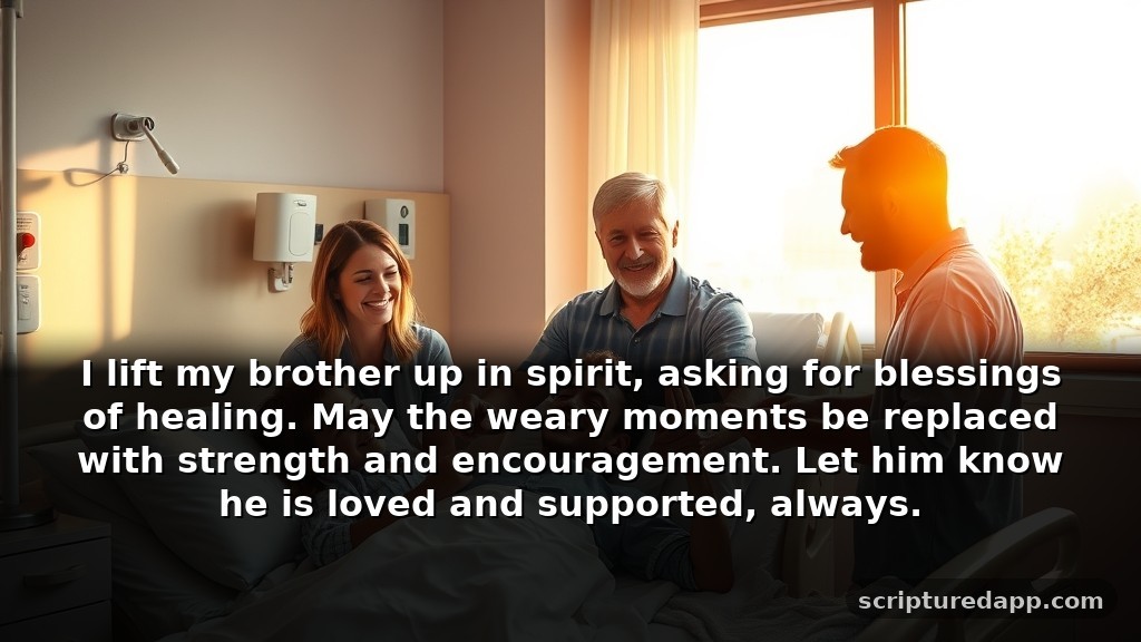 Short Prayer for My Brother Healing from Illness: I lift my brother up in spirit, asking for blessings of healing. May the weary moments be replaced with strength and encouragement. Let him know he is loved and supported, always.