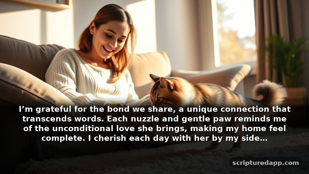 Gratitude Prayer for My Cat's Presence: I’m grateful for the bond we share, a unique connection that transcends words. Each nuzzle and gentle paw reminds me of the unconditional love she brings, making my home feel complete. I cherish each day with her by my side.