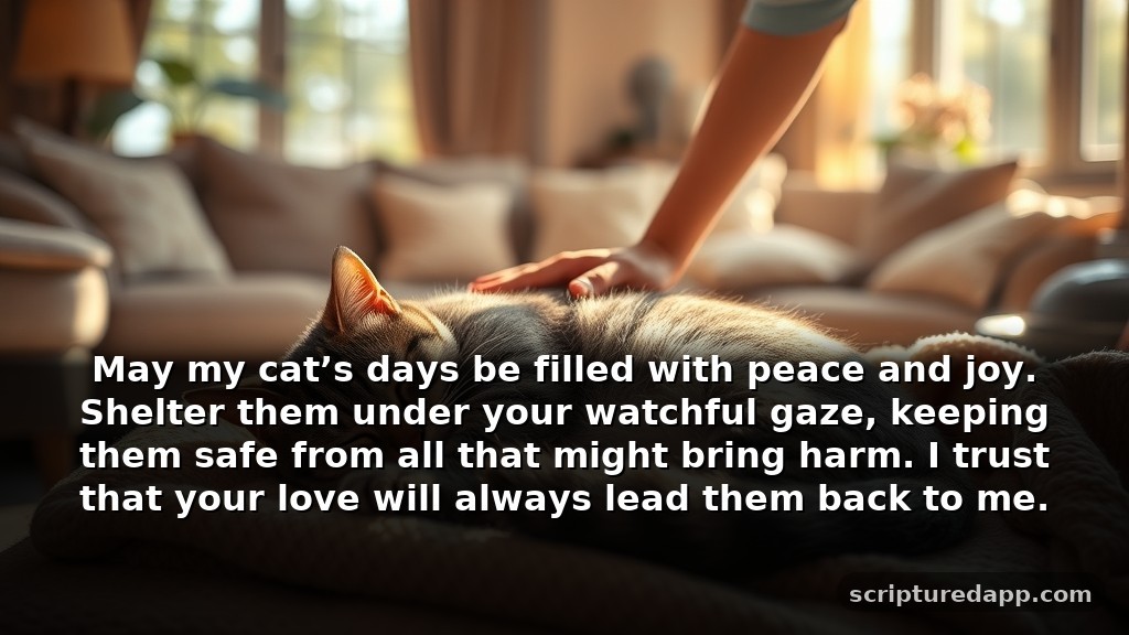 Short and Sweet Prayer for My Cat's Protection: May my cat’s days be filled with peace and joy. Shelter them under your watchful gaze, keeping them safe from all that might bring harm. I trust that your love will always lead them back to me.