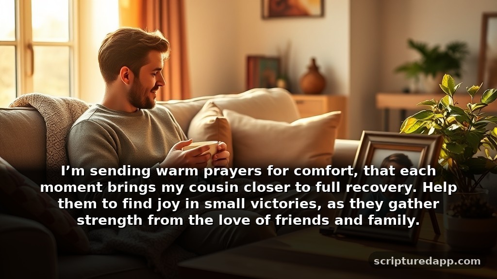 Heartfelt Prayer for My Cousin's Healing: I’m sending warm prayers for comfort, that each moment brings my cousin closer to full recovery. Help them to find joy in small victories, as they gather strength from the love of friends and family.
