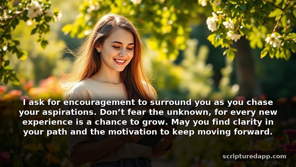Inspirational Prayer for My Cousin's Growth and Success: I ask for encouragement to surround you as you chase your aspirations. Don’t fear the unknown, for every new experience is a chance to grow. May you find clarity in your path and the motivation to keep moving forward.