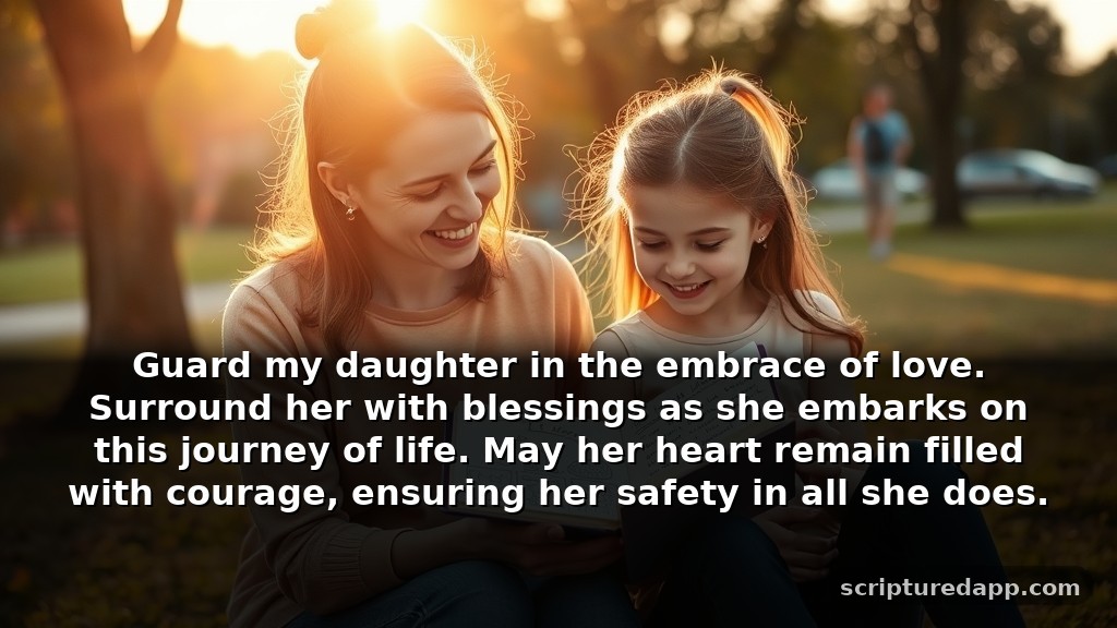 Clever Prayer for My Daughter's Success and Protection: Guard my daughter in the embrace of love. Surround her with blessings as she embarks on this journey of life. May her heart remain filled with courage, ensuring her safety in all she does.