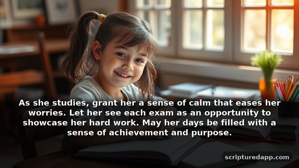 Prayer for My Daughter Success in School and Exams: As she studies, grant her a sense of calm that eases her worries. Let her see each exam as an opportunity to showcase her hard work. May her days be filled with a sense of achievement and purpose.