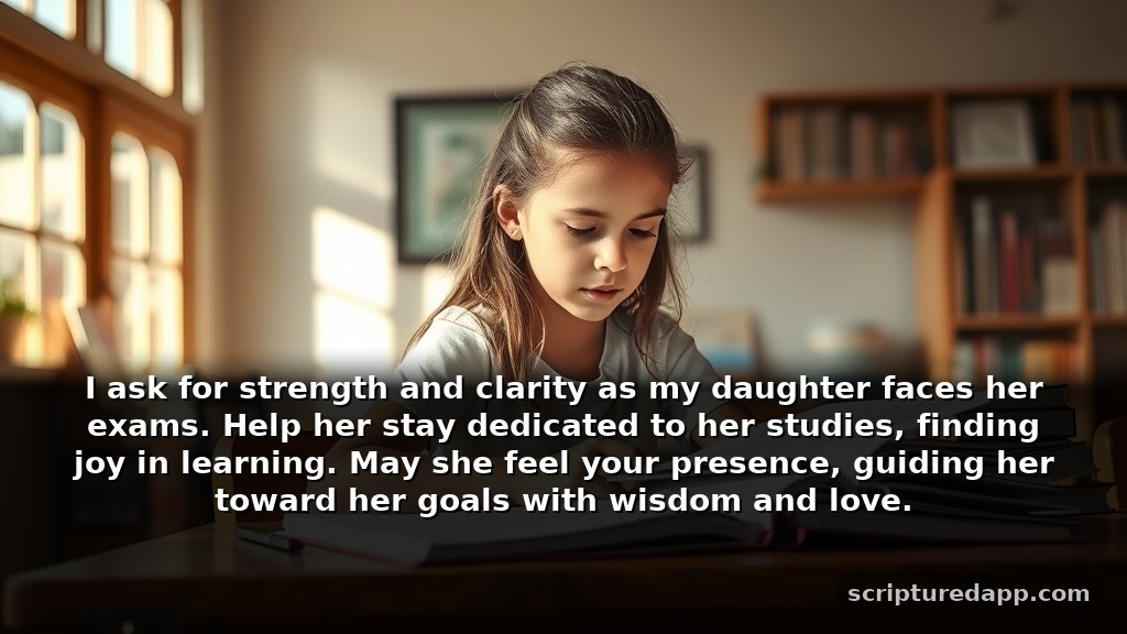 Short Prayer for My Daughter Success in Exams: I ask for strength and clarity as my daughter faces her exams. Help her stay dedicated to her studies, finding joy in learning. May she feel your presence, guiding her toward her goals with wisdom and love.