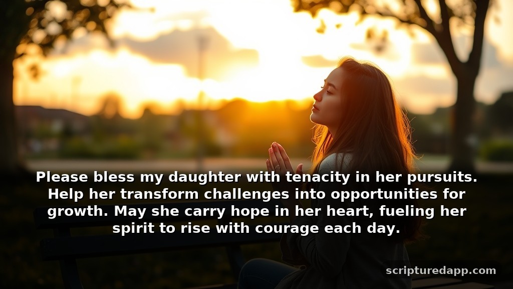 Short Prayer for My Daughter's Success in Difficult Times: Please bless my daughter with tenacity in her pursuits. Help her transform challenges into opportunities for growth. May she carry hope in her heart, fueling her spirit to rise with courage each day.