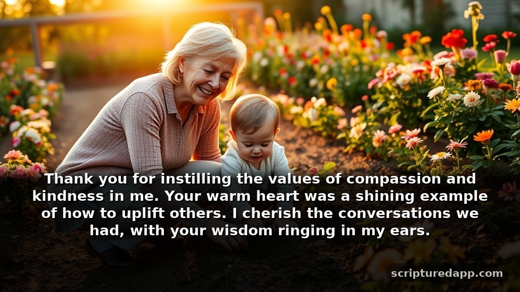 Gratitude Prayer for My Grandma's Impact: Thank you for instilling the values of compassion and kindness in me. Your warm heart was a shining example of how to uplift others. I cherish the conversations we had, with your wisdom ringing in my ears.