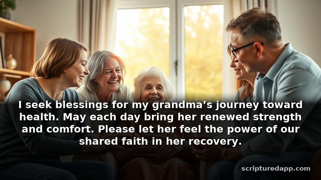 Short Prayer for My Grandma's Healing: I seek blessings for my grandma’s journey toward health. May each day bring her renewed strength and comfort. Please let her feel the power of our shared faith in her recovery.