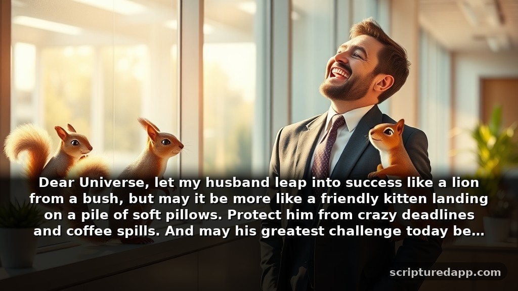 Funny Prayer for My Husband's Success and Protection with a Twist: Dear Universe, let my husband leap into success like a lion from a bush, but may it be more like a friendly kitten landing on a pile of soft pillows. Protect him from crazy deadlines and coffee spills. And may his greatest challenge today be picking which snack to enjoy during lunch.
