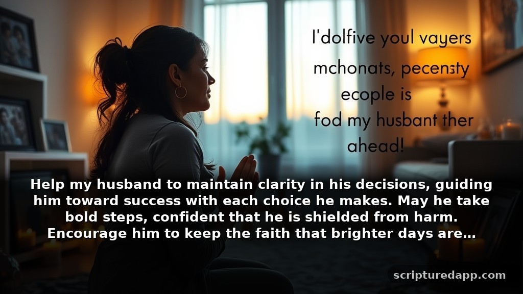 Heartfelt Prayer for My Husband's Success and Protection in Difficult Times: Help my husband to maintain clarity in his decisions, guiding him toward success with each choice he makes. May he take bold steps, confident that he is shielded from harm. Encourage him to keep the faith that brighter days are ahead.