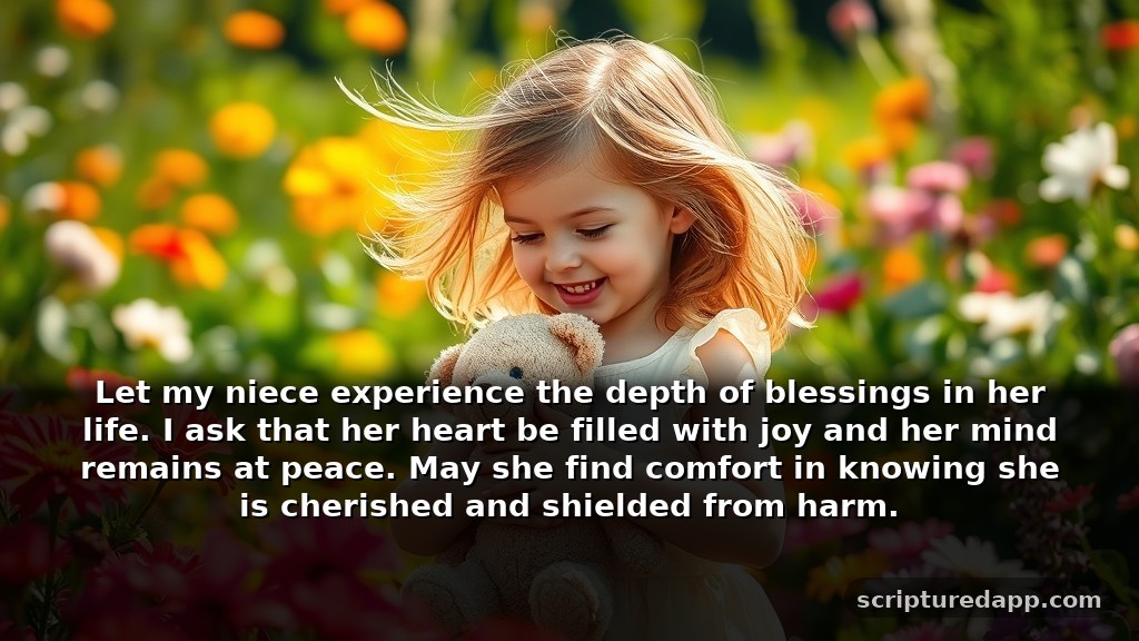 Empowering Prayer for My Niece's Protection: Let my niece experience the depth of blessings in her life. I ask that her heart be filled with joy and her mind remains at peace. May she find comfort in knowing she is cherished and shielded from harm.