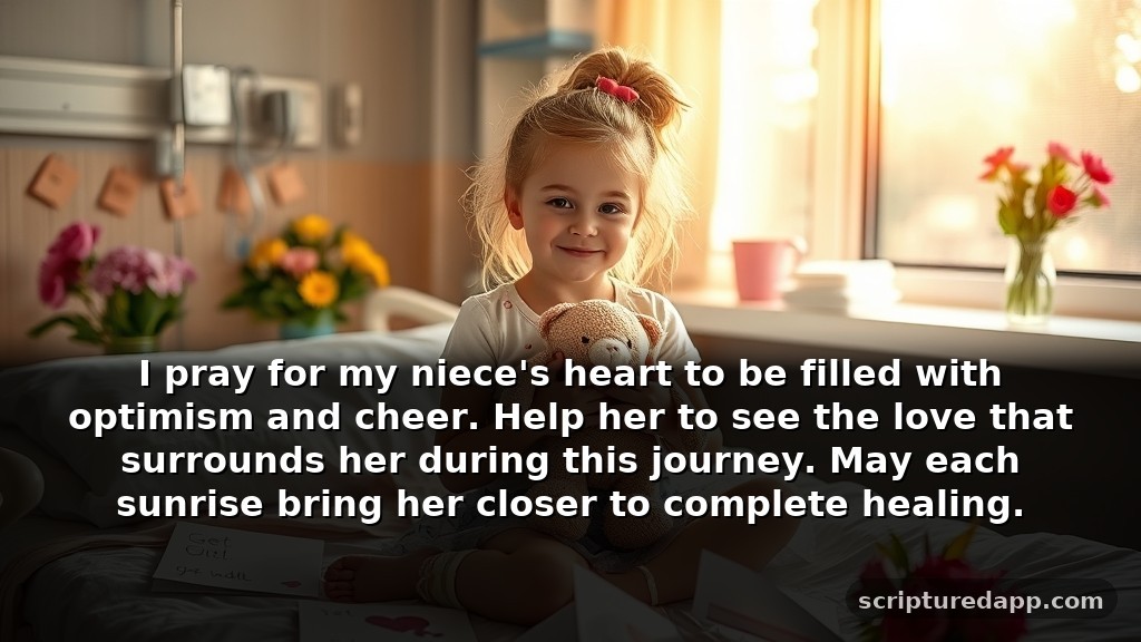 Heartfelt Prayer for My Niece's Healing: I pray for my niece's heart to be filled with optimism and cheer. Help her to see the love that surrounds her during this journey. May each sunrise bring her closer to complete healing.