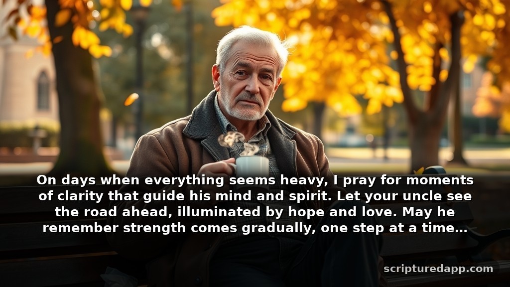 Prayer for My Uncle's Protection During Difficult Times: On days when everything seems heavy, I pray for moments of clarity that guide his mind and spirit. Let your uncle see the road ahead, illuminated by hope and love. May he remember strength comes gradually, one step at a time.