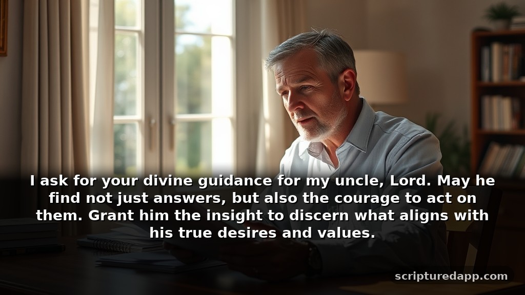 Short Prayer for My Uncle Seeking Guidance in Life Decisions: I ask for your divine guidance for my uncle, Lord. May he find not just answers, but also the courage to act on them. Grant him the insight to discern what aligns with his true desires and values.