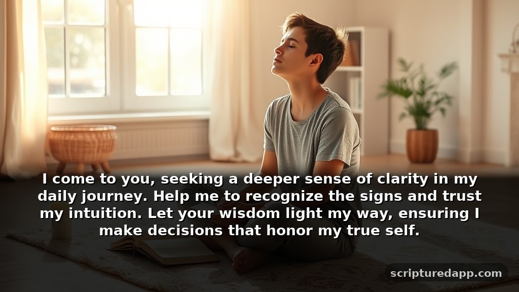 Daily Prayer for Myself When I Need Guidance: I come to you, seeking a deeper sense of clarity in my daily journey. Help me to recognize the signs and trust my intuition. Let your wisdom light my way, ensuring I make decisions that honor my true self.