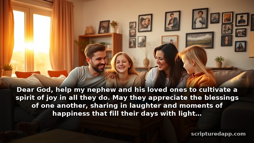 Prayer for Nephew's Family Well-Being: Dear God, help my nephew and his loved ones to cultivate a spirit of joy in all they do. May they appreciate the blessings of one another, sharing in laughter and moments of happiness that fill their days with light.