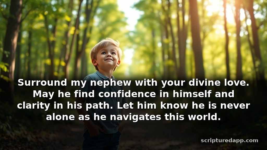 Short Prayer for Nephew's Protection: Surround my nephew with your divine love. May he find confidence in himself and clarity in his path. Let him know he is never alone as he navigates this world.