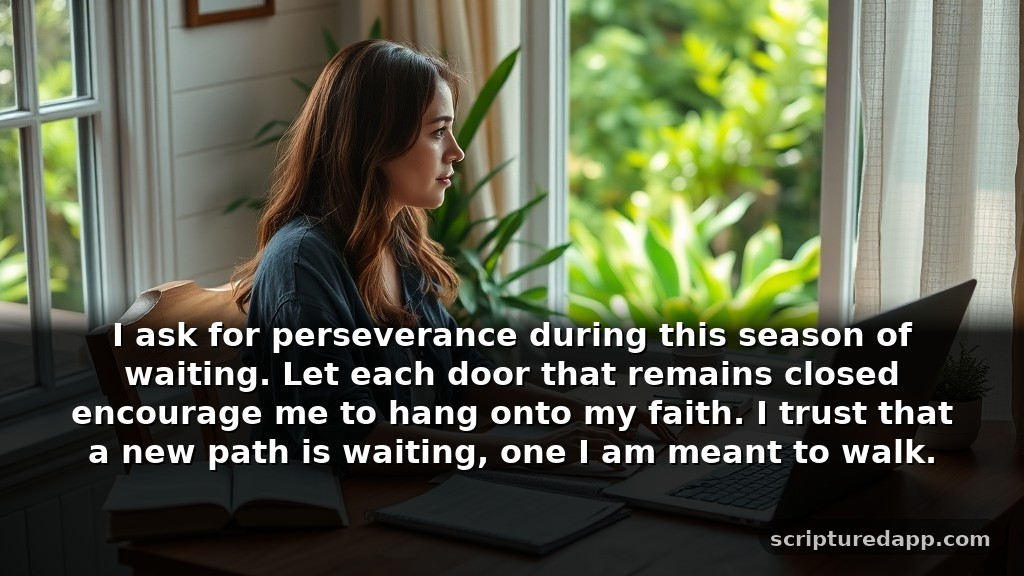 Clever Prayer for New Job During Difficult Seasons: I ask for perseverance during this season of waiting. Let each door that remains closed encourage me to hang onto my faith. I trust that a new path is waiting, one I am meant to walk.