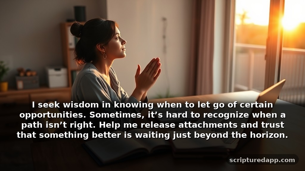 Heartfelt Prayer for New Job Guidance: I seek wisdom in knowing when to let go of certain opportunities. Sometimes, it’s hard to recognize when a path isn’t right. Help me release attachments and trust that something better is waiting just beyond the horizon.