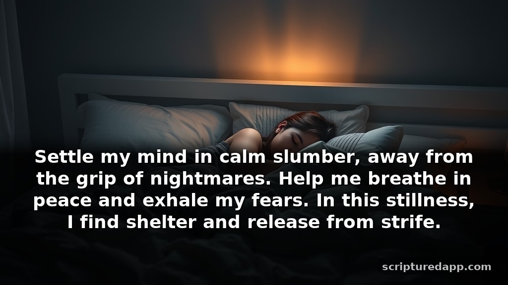 A Short Prayer for Nightmares to Find Peaceful Sleep: Settle my mind in calm slumber, away from the grip of nightmares. Help me breathe in peace and exhale my fears. In this stillness, I find shelter and release from strife.