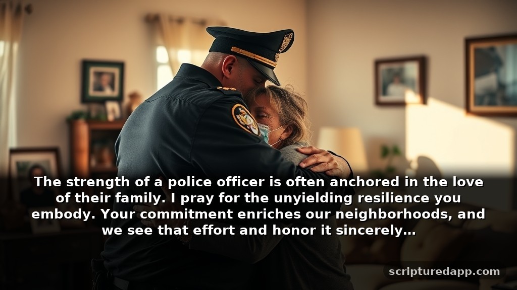Prayer for Police Officers Family Expressing Gratitude and Appreciation: The strength of a police officer is often anchored in the love of their family. I pray for the unyielding resilience you embody. Your commitment enriches our neighborhoods, and we see that effort and honor it sincerely.