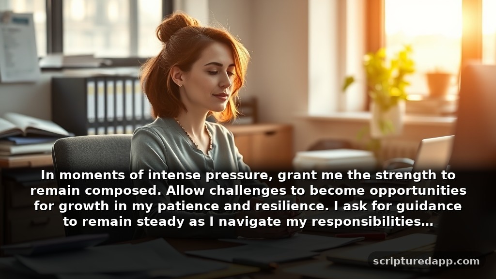 Prayer for Protection and Patience at Work: In moments of intense pressure, grant me the strength to remain composed. Allow challenges to become opportunities for growth in my patience and resilience. I ask for guidance to remain steady as I navigate my responsibilities.