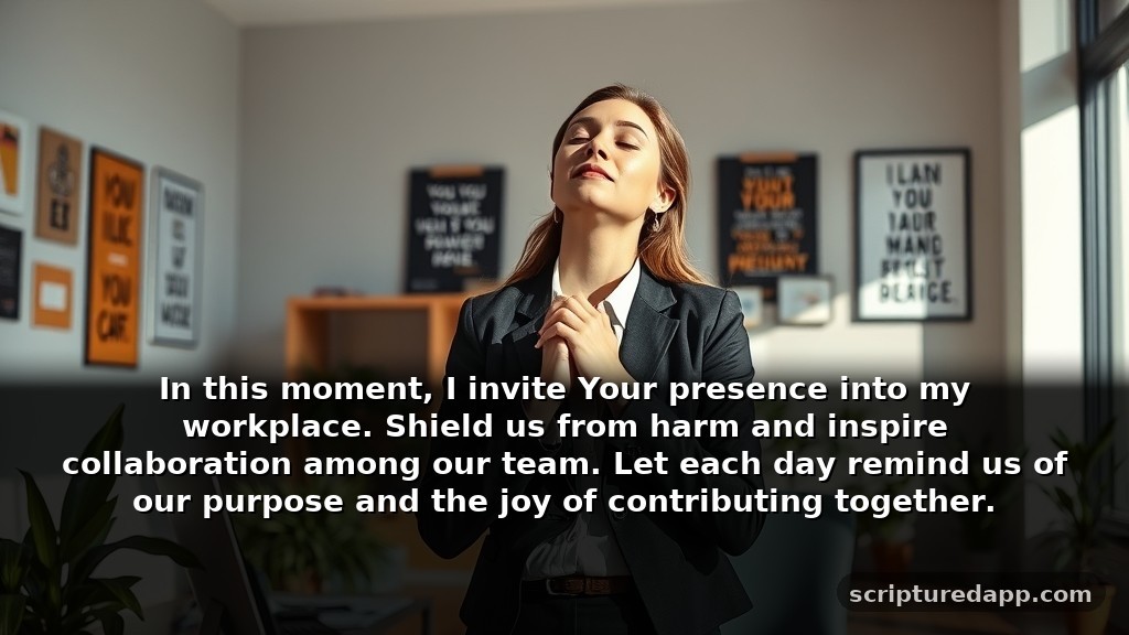 Short Prayer for Protection at Work: In this moment, I invite Your presence into my workplace. Shield us from harm and inspire collaboration among our team. Let each day remind us of our purpose and the joy of contributing together.