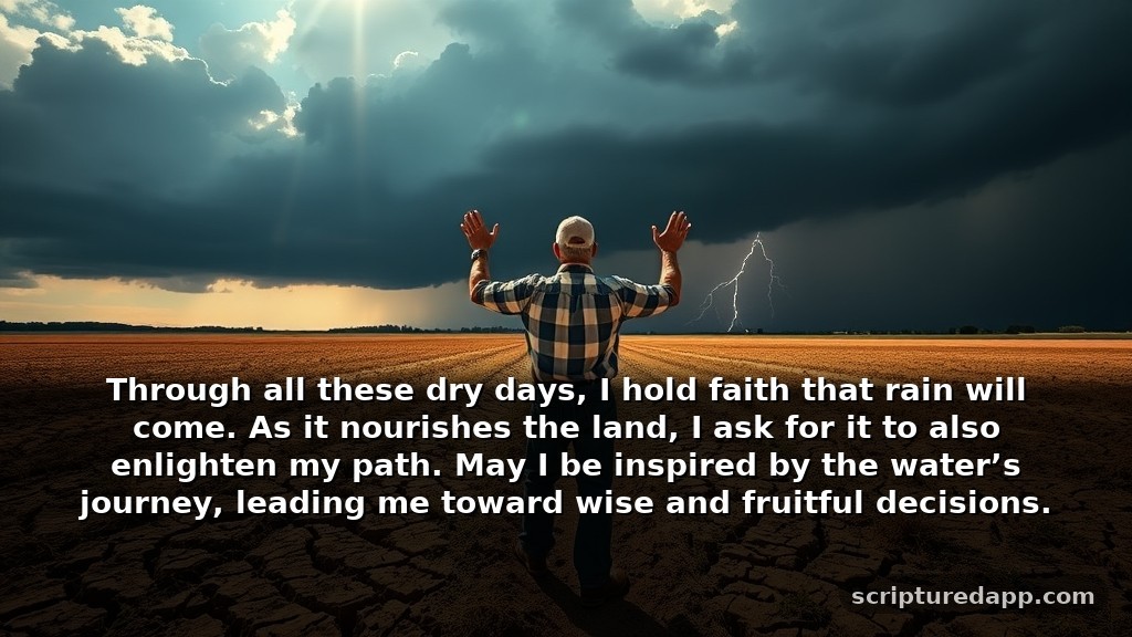 Guidance Through Prayer for Rain in Drought for Business Decisions: Through all these dry days, I hold faith that rain will come. As it nourishes the land, I ask for it to also enlighten my path. May I be inspired by the water’s journey, leading me toward wise and fruitful decisions.