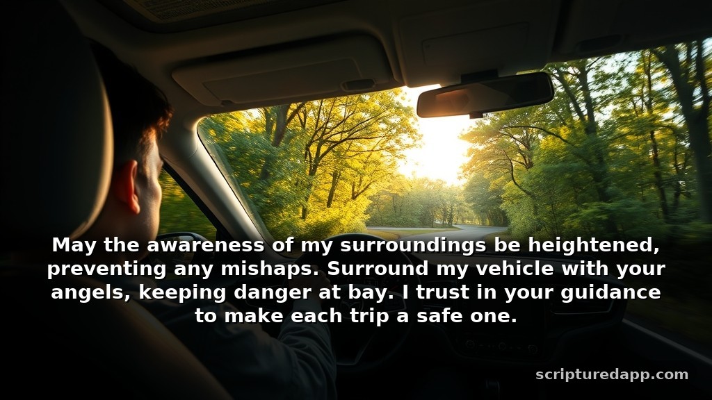 A Driving Prayer for Protection from Accidents: May the awareness of my surroundings be heightened, preventing any mishaps. Surround my vehicle with your angels, keeping danger at bay. I trust in your guidance to make each trip a safe one.