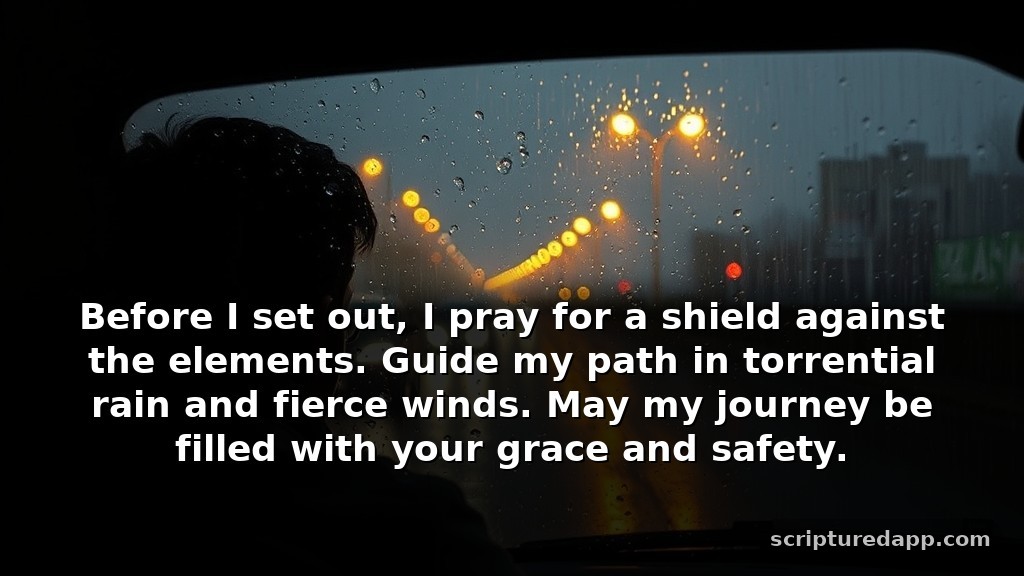 A Short Prayer for Safe Driving in Bad Weather: Before I set out, I pray for a shield against the elements. Guide my path in torrential rain and fierce winds. May my journey be filled with your grace and safety.