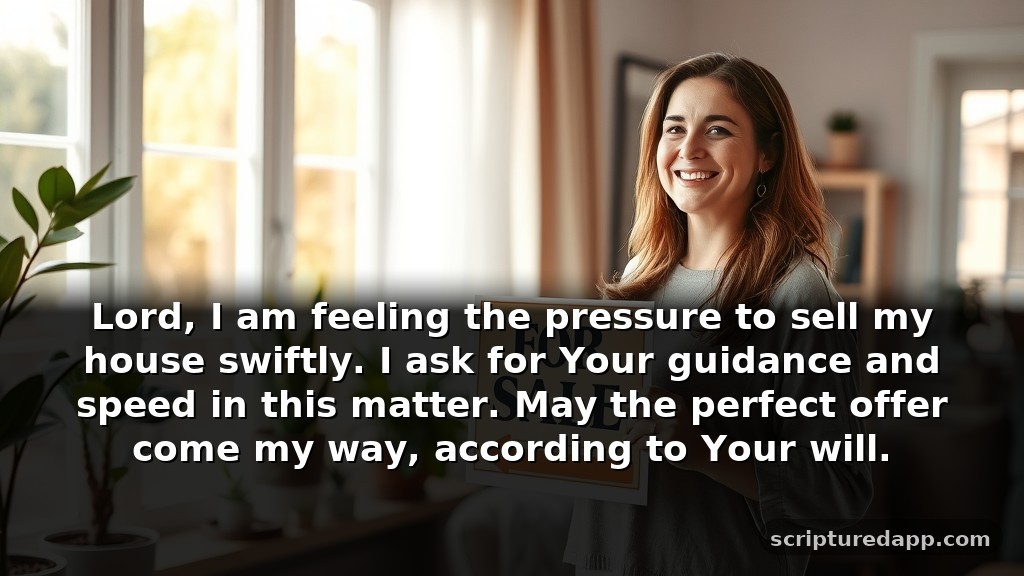 Short Prayer for Selling a House Quickly: Lord, I am feeling the pressure to sell my house swiftly. I ask for Your guidance and speed in this matter. May the perfect offer come my way, according to Your will.