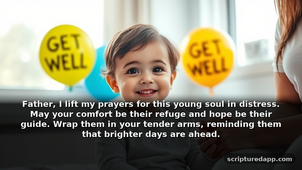 Heartfelt Prayer for Sick Child Bible Verse for Healing: Father, I lift my prayers for this young soul in distress. May your comfort be their refuge and hope be their guide. Wrap them in your tender arms, reminding them that brighter days are ahead.