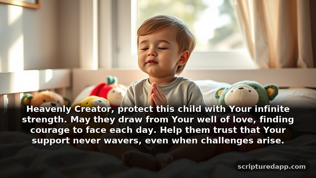 Inspirational Prayer for Sick Child Bible Verse for Protection: Heavenly Creator, protect this child with Your infinite strength. May they draw from Your well of love, finding courage to face each day. Help them trust that Your support never wavers, even when challenges arise.